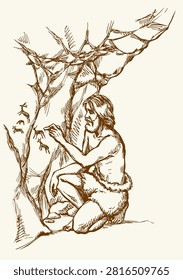 Outline doodl black ink arm drawn past Archaic age fur skin scrawl line depict life figure cavern grotto wall. Young guy grab grasp grip hold bow arrow shoot deer body herd attack violence early neolith violent cro magnon fight cult artwork sign icon