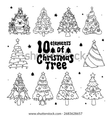 Outline doodle 10 elements of whimsical christmas tree. Vector illustration.