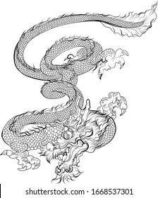 outline and doodle art asian Dragon on white background.Chinese dragon tattoo.Lucky animal for Chinese new year.