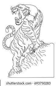 Outline and doodle art Tiger vector is on white background.Drawing tiger for tattoo.Traditonal Japanese culture for printing on shirt or coloring book.