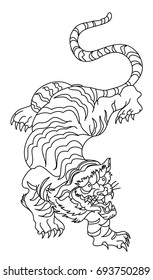 Outline and doodle art Tiger vector is on white background.Drawing tiger for tattoo.Traditonal Japanese culture for printing on shirt or coloring book.