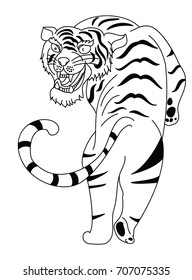 Outline and doodle art Tiger vector is on white background.Drawing tiger for tattoo.Traditional Japanese culture for printing on background.