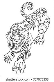 Outline and doodle art Tiger vector is on white background.Drawing tiger for tattoo.Traditional Japanese culture for printing on background.