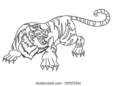 Outline and doodle art Tiger vector is on white background.Drawing tiger for tattoo.Traditional Japanese culture for printing on background.
