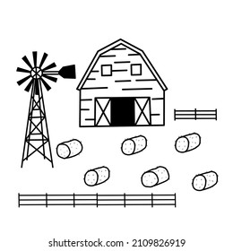 Outline Doodle Barn, Windmill, Fence And Hay. Hand Drawn Farm Elements. Countryside Ranch Vector Objects