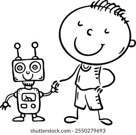 Outline doodle boy playing with toy robot. Cartoon kid using electronic devices, child and digital technology