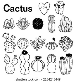 Outline doodle cactus. Hand drawn cactus black and white line art set. Vector illustration on white background in line style.