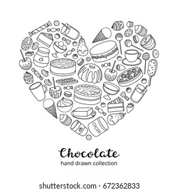 Outline doodle chocolate and cocoa products, sweets, desserts, cakes, fruits composed in heart shape.