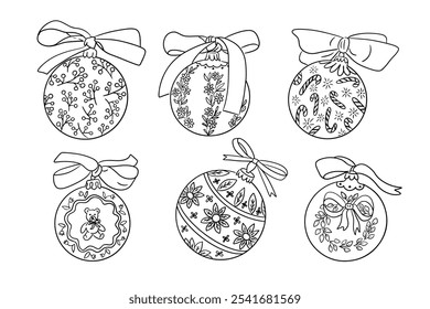 Outline doodle Christmas ornaments set. Different kind of holiday decorated balls with bows isolated on white background. Holiday hand drawn vector design for Christmas for coloring pages, stickers