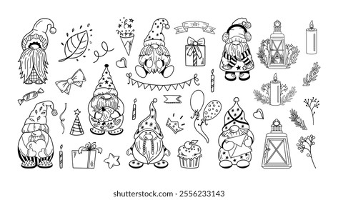 Outline doodle collection of festive dwarf and holiday elements