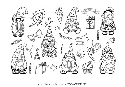 Outline doodle collection of gnomes and festive holiday elements