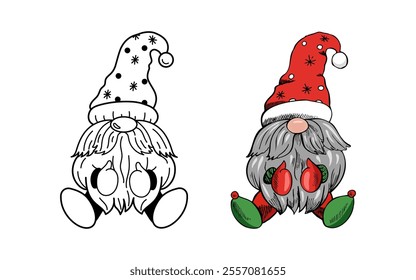 Outline doodle and colored hand-drawn cozy  sitting festive dwarf in hat