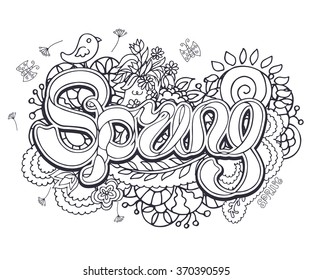 Outline doodle composition with ribbon lettering Spring and floral elements. Black and white stylish design. Fresh vector for banners, greeting cards, spring sales, posters, coloring books