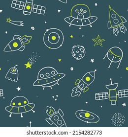 Outline doodle cosmic pattern with spaceships. Space vector seamless print for baby textile.