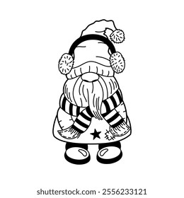 Outline doodle of a cozy dwarf with a winter scarf