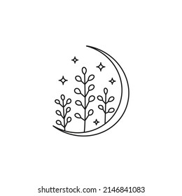 Outline doodle crescent moon with leafy branches and stars isolated on white background.