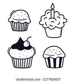 Umrissdoodle-Cupcakes. Gebackener Nachtisch zum Geburtstag und zu anderen Feiern. Handgezeichnete Muffins-Illustration. Futter-Element für Linearskizzen