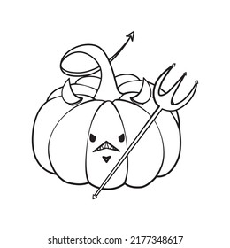 Caracteres de la calabaza Cute de contorno y garabato. Halloween, truco o tratamiento de la actividad de la página de libros de colorido para niños y adultos.  Ilustración vectorial dibujada a mano. 