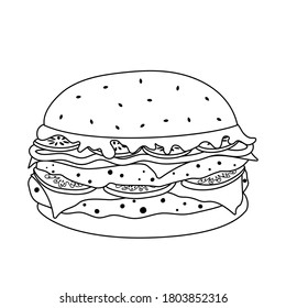 Outline doodle double burger isolated on white background. High-calorie fast food. Cheeseburger with slices of beef patty, cheese, ketchup, tomato, cucumber or pickles, lettuce. Vector illustration