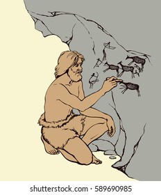 Outline doodle drawn image. Archaic aged male person in loincloth of fur animal skin draw in charcoal on rock wall of cavern grotto depict scrawl figure of life: hunters shoot bows arrow in deer herd