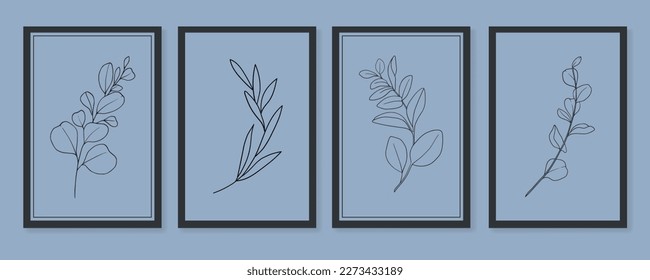 Outline doodle eucaliptus twigs on blue background in line art style. Greenery vector illustration in minimalist style.