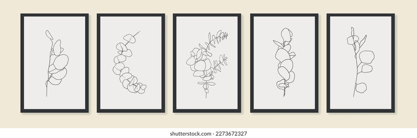 Outline doodle eucalyptus twigs leaves on yellow background in line art style. Greenery vector illustration in minimalist style.