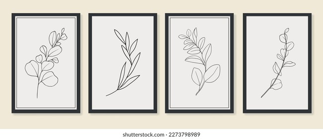 Outline doodle eucalyptus twigs leaves on yellow background in line art style. Greenery vector illustration in minimalist style.