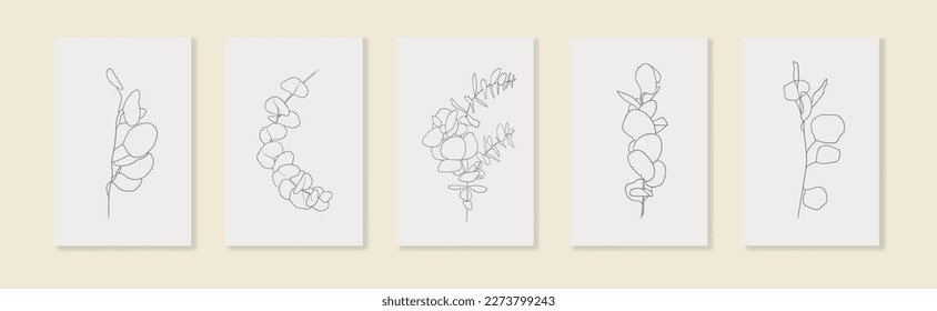 Outline doodle eucalyptus twigs leaves on yellow background in line art style. Greenery vector illustration in minimalist style.