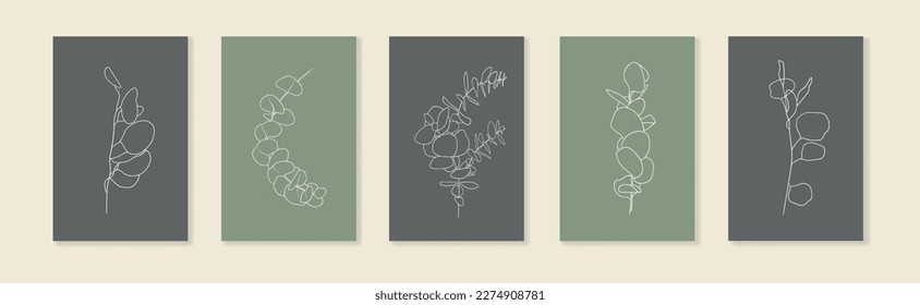 Outline doodle eucalyptus twigs leaves on yellow background in line art style. Greenery vector illustration in minimalist style.