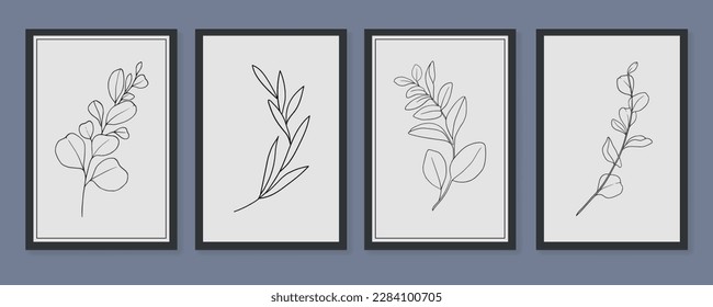 Outline doodle eucalyptus twigs leaves on blue background in line art style. Greenery vector illustration in minimalist style.