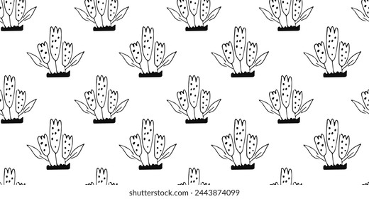 Outline doodle flower seamless Pattern. Hand drawn botanical background with abstract floral motif. Black print for fabric, wrapping paper, wallpaper design.