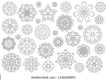 Outline doodle flowers for adult coloring book. Beautiful floral background for color artwork. Monochrome zentangle backdrop, summer flower drawing. Colouring line illustration.