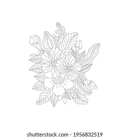 Outline doodle flowers in black and white for adult coloring books, monocrome floral vector pattern.