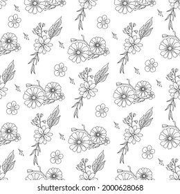 Outline doodle flowers in black and white for adult coloring books, monocrome floral pattern. Vector sketch illustration, hand drawn style.