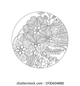 Outline doodle flowers mandala in black and white for adult coloring books, monocrome floral vector pattern.