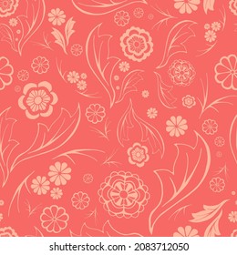 Esquema de las flores de doodle aleatorio sin costuras. Motivos florales rosados pasteles de diseño irregular de superficie repetida. Color beige claro textura interminable para interiores, textiles, papel regalo o cuaderno