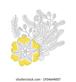 Outline doodle flowers in trendy colors for 2021, ultimate gray and Illuminating, page adult coloring books, monocrome floral vector pattern.