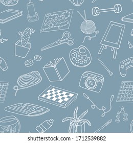 Outline doodle hobbies seamless pattern. Stay home concept. Top table and video games, painting, reading, sport, knitting illustration. Hand drawn vector texture on blue background for banners, design