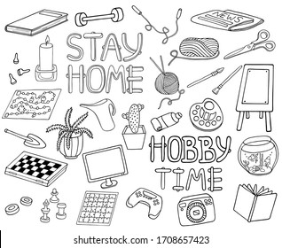 Outline doodle hobbies set. Stay home concept. Top table and video games, painting, reading, sport, knitting, gardening vector illustration. Hand drawn elements for coloring, banners, design