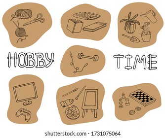 Outline doodle hobbies set. Stay home concept. Top table and video games, painting, reading, sport, knitting, gardening vector illustration. Hand drawn elements in blot shapes for banners, design