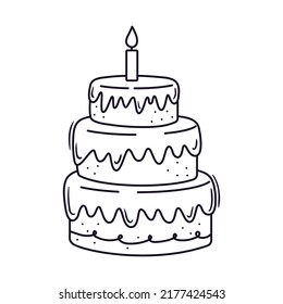 Outline doodle icon of a birthday cake with candle. Baked dessert for party and celebration. Hand drawn doodle illustration. Lineair sketch element