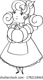 Outline doodle illustration character little halloween witch with pumpkin in hands and curly hair