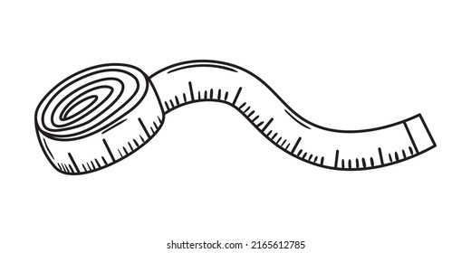 Outline doodle illustration of tape measure. Hand drawn sketch of rolled metric ribbon. Studio, atelier, fitness vector icon isolated on white background svg