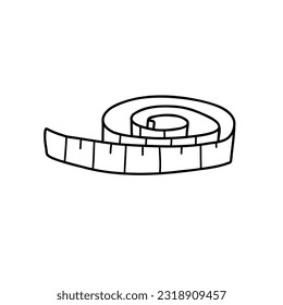 Outline doodle illustration of tape measure. Hand drawn sketch of rolled metric ribbon. Studio, atelier, fitness vector icon isolated on white background.