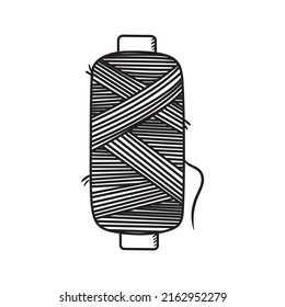 Outline doodle illustration of thread spool. Hand drawn sewing equipment sketch. Craft element vector icon isolated on white background