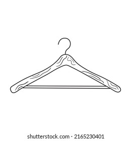 Outline doodle illustration of wooden hanger. Hand drawn storage equipment sketch. Clothes element vector icon isolated on white background