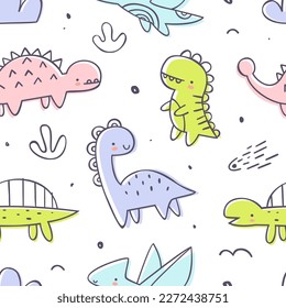 Outline doodle  jurassic pattern with cute dino. Seamless vector print with dinosaurs for baby textile and fabric.