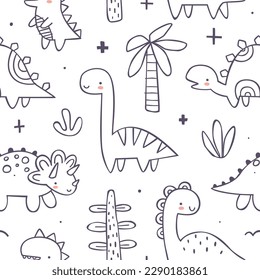 Outline doodle jurassic pattern with cute dino. Seamless drawn vector print with dinosaurs for baby textile.