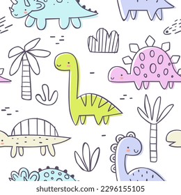 Outline doodle jurassic pattern with cute dino and plants. Seamless vector print with dinosaurs for baby textile and fabric.