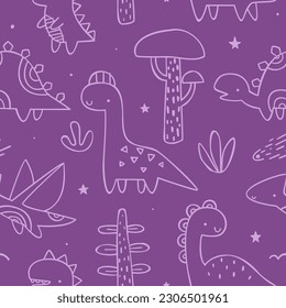 Outline doodle jurassic pattern with cute dino. Seamless purple vector print with dinosaurs for baby fabric.